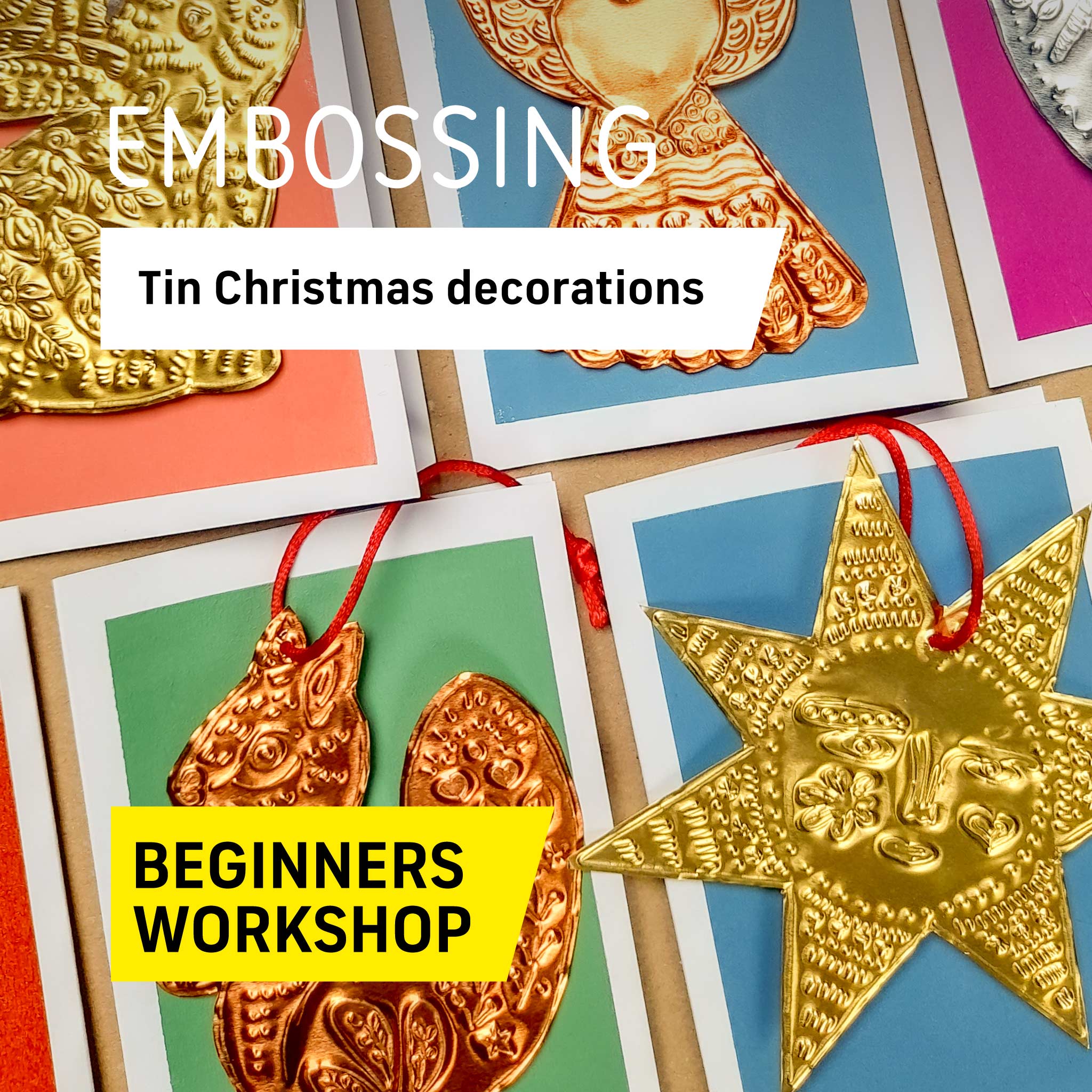 Festive tin embossing workshop at Maker Studio Eastbourne ,  illustrator Nina Mooncie teaching beginners to create handmade folk art Christmas decorations using metallic foil and embossing tools.
