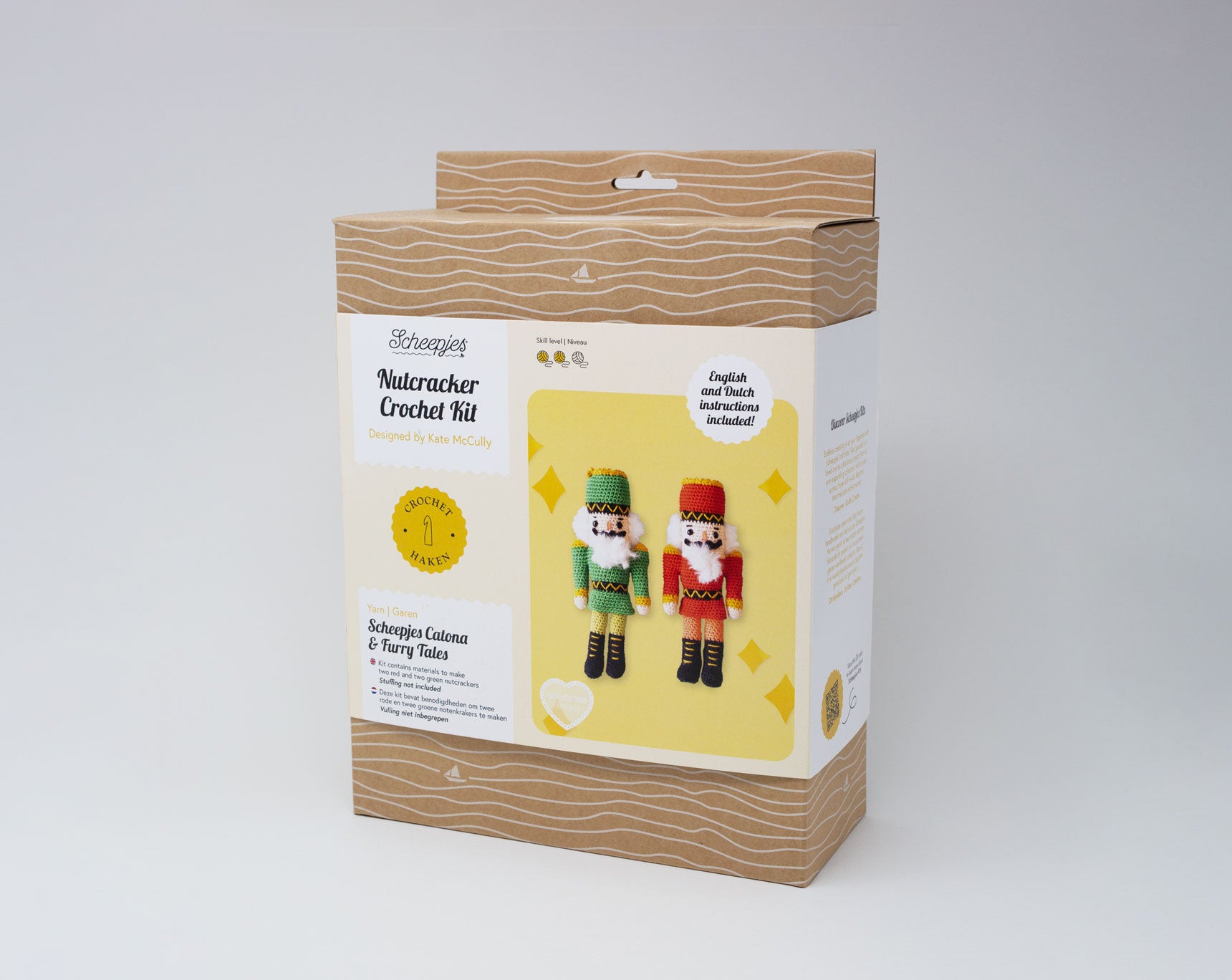 Scheepjes Nutcracker Crochet Kit designed by Kate McCully at Maker Studio Eastbourne.  Limited edition set with yarn and materials to make four 20 cm handmade nutcracker figures, two in red uniforms and two in green.