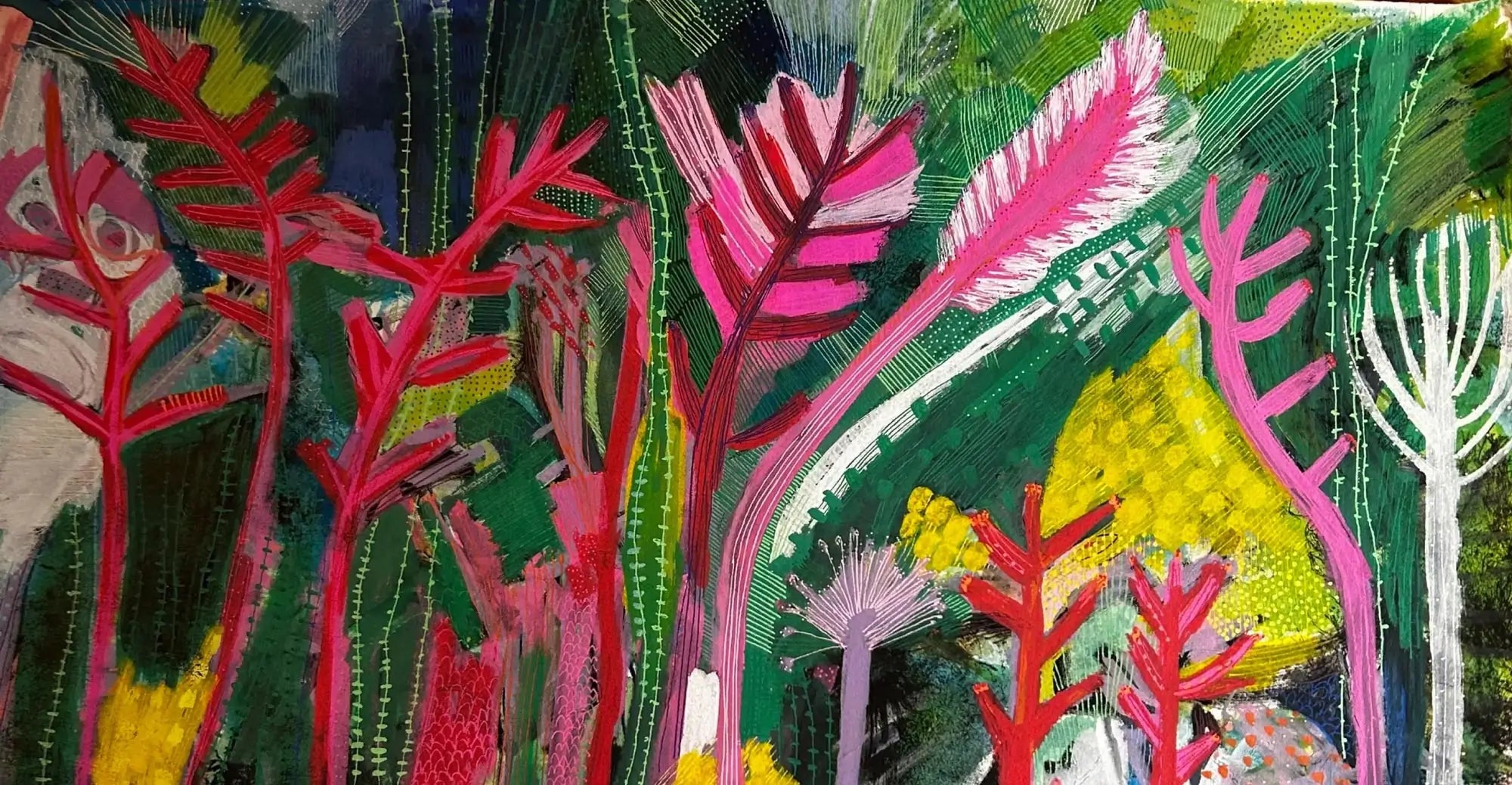 Acrylic Layer workshop with artist Claire Pipe at Maker Studio eastbourne A colorful abstract botanical painting featuring stylized leaves and plant forms in pink, red, green, yellow, and white, with textured brushstrokes filling the frame. 