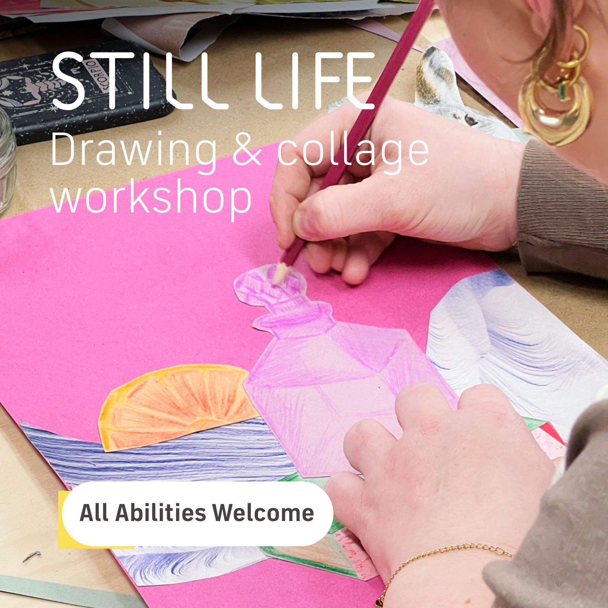 Person drawing with colored pencils on a collage of cut-out shapes, with text overlay for a drawing and collage workshop.